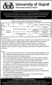 Latest Research Assistant Job in University of Gujrat Advertisement