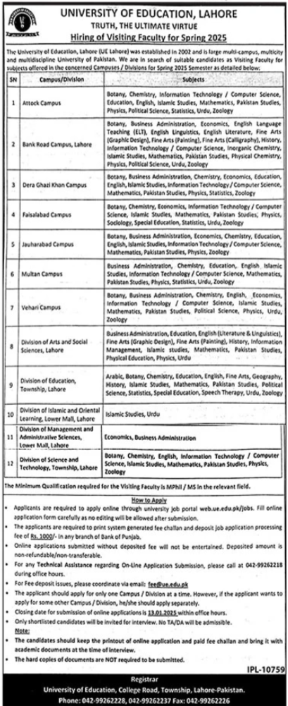 University of Education Lahore Job Visiting Faculty for Spring 2025 Advertisement