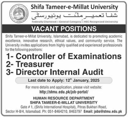 Top Educational Jobs at Shifa Tameer e Millat University Advertisement