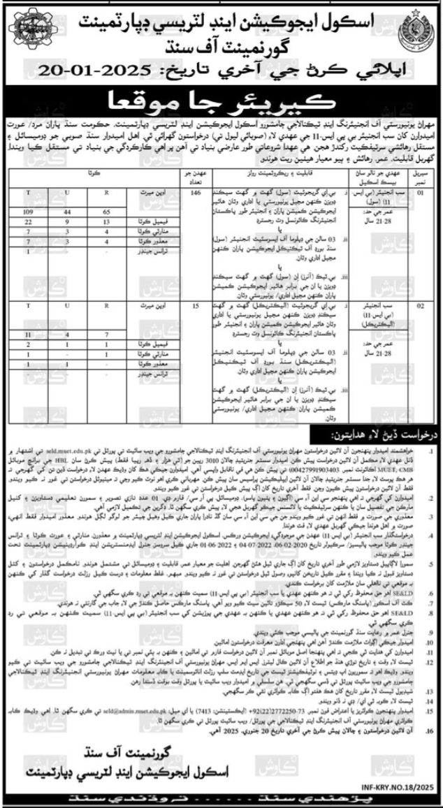 School Education and Literacy Department, Government of Sindh - Engineering Job Advertisement