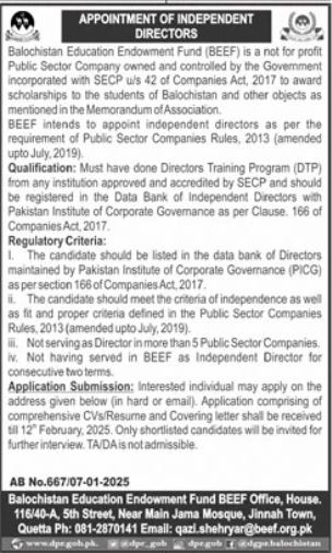 BEEF Management Jobs 2025 Advertisement: Independent Director Roles 2025