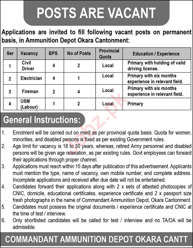 Permanent Labor Jobs at Ammunition Depot Okara -Advertisement