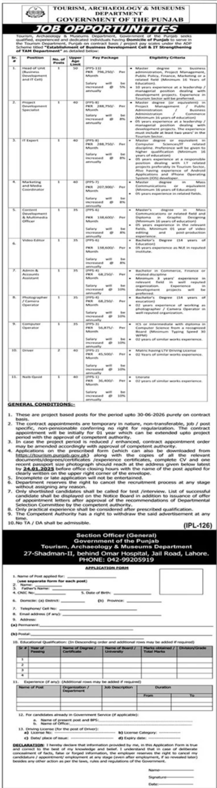 Management and Technical Jobs at Tourism Archaeology & Museum Department Lahore 2025 Advertisement