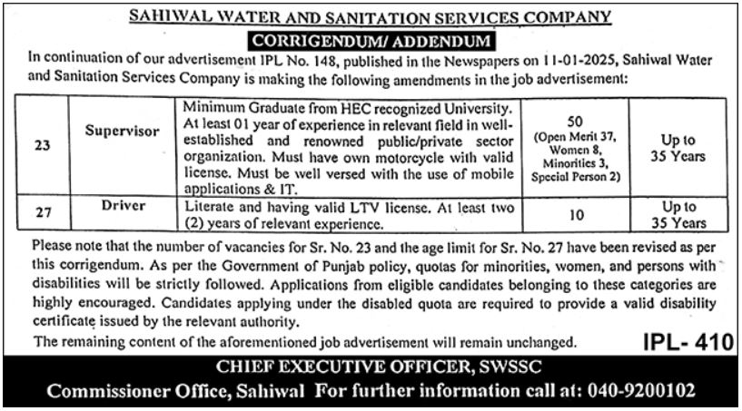 Government Jobs for Supervisors and Driver -Advertisement