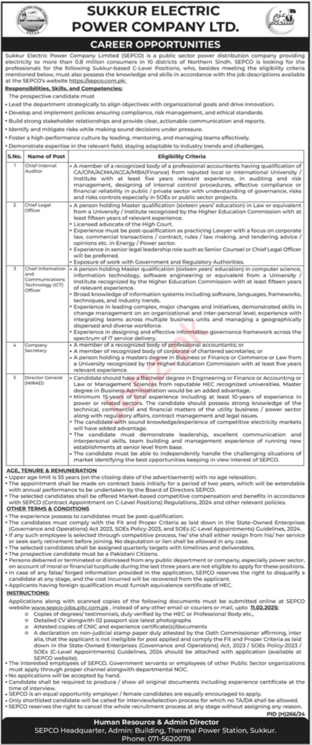 Sukkur Electric Power Company Management Jobs 2025 Advertisement