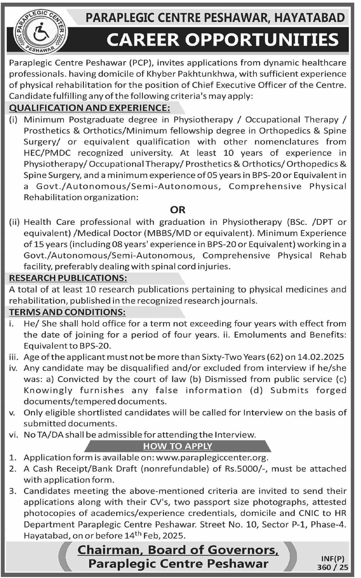 Paraplegic Centre Peshawar CEO Job Advertisement