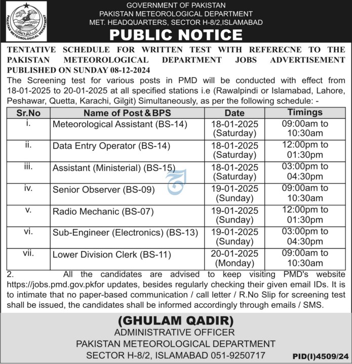 Pakistan Meteorological Department PMD Management Jobs 2025 -Advertisement