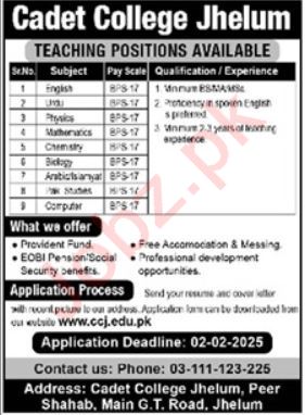 Cadet College Jhelum Teaching Vacancies – Apply Now for 2025