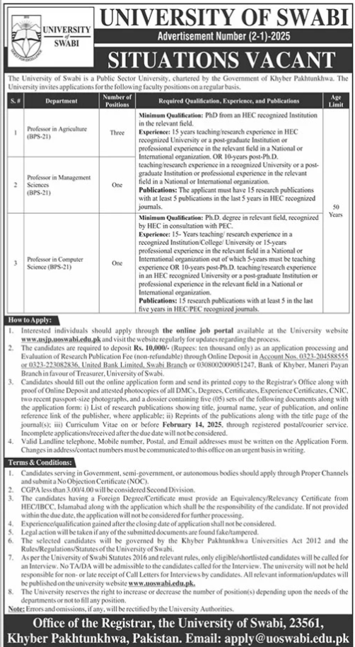 Teaching Jobs at the University of Swabi – 2025 Advertisement