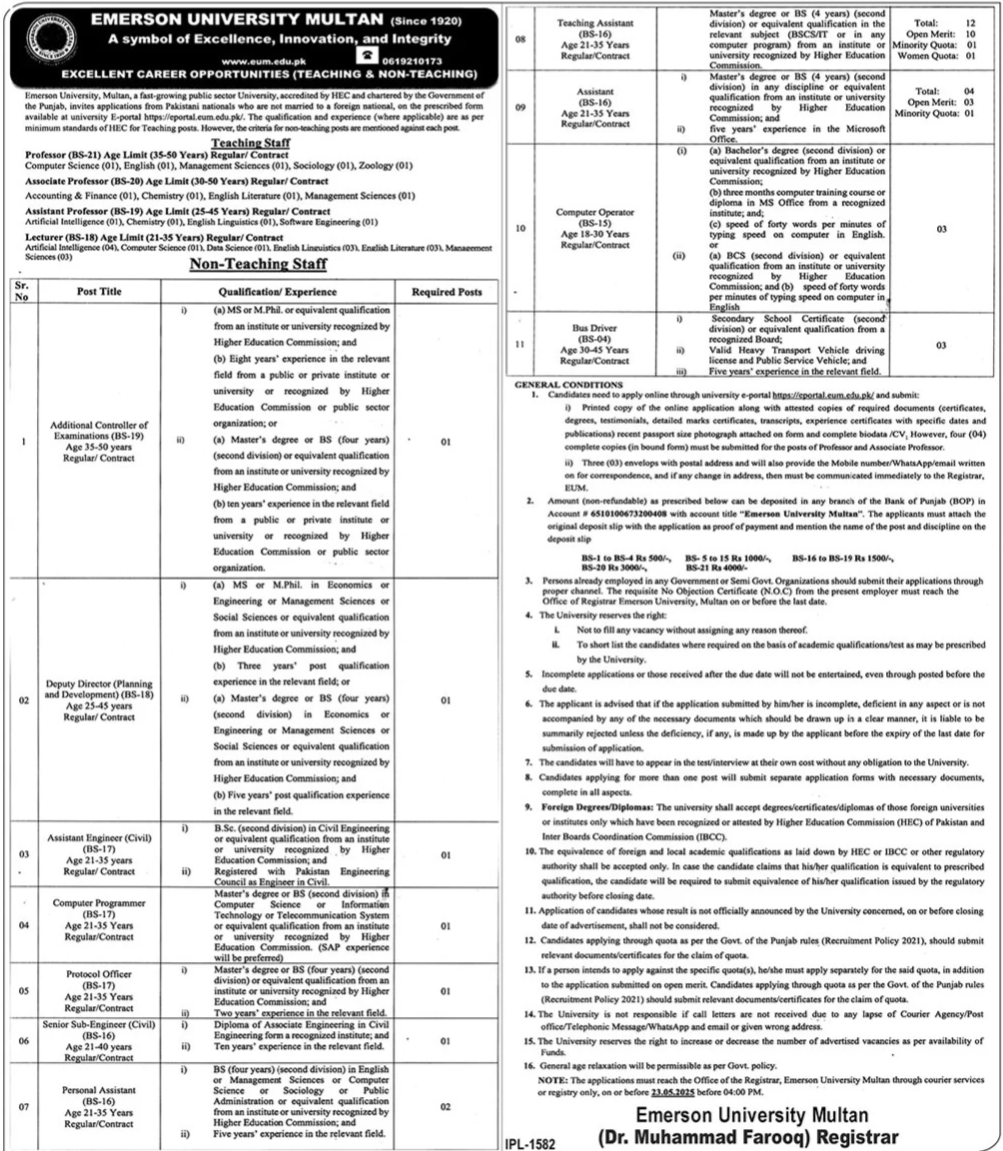 Emerson University Multan Jobs 2025 Advertisement
